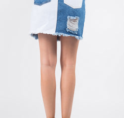 American Bazi Contrast Patched Frayed Denim Distressed Skirts