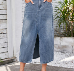 Slit Midi Denim Skirt with Pockets