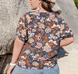 Plus Size Printed Notched Half Sleeve Blouse
