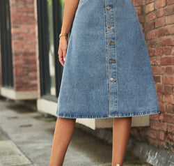 Button Front A-Line Denim Skirt