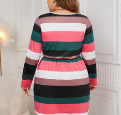 Honey Plus Size Striped V-Neck Long Sleeve Mini Dress