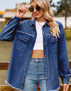 Button Up Collared Neck Raw Hem Denim Top