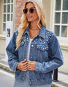 Pearl Detail Collared Neck Long Sleeve Denim Jacket