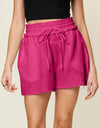 Double Take Full Size Texture Raw Trim Drawstring Shorts