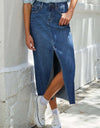Slit Raw Hem Midi Denim Skirt