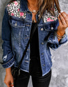 Mixed Print Distressed Button Front Denim Jacket
