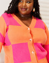 Woven Right Checkered V-Neck Dropped Shoulder Cardigan