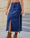 Slit Pocketed High Waist Denim Skirt