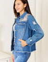 Baeful Leopard Floral Distressed Raw Hem Denim Jacket