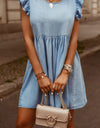 Full Size Ruffled Round Neck Cap Sleeve Denim Dress