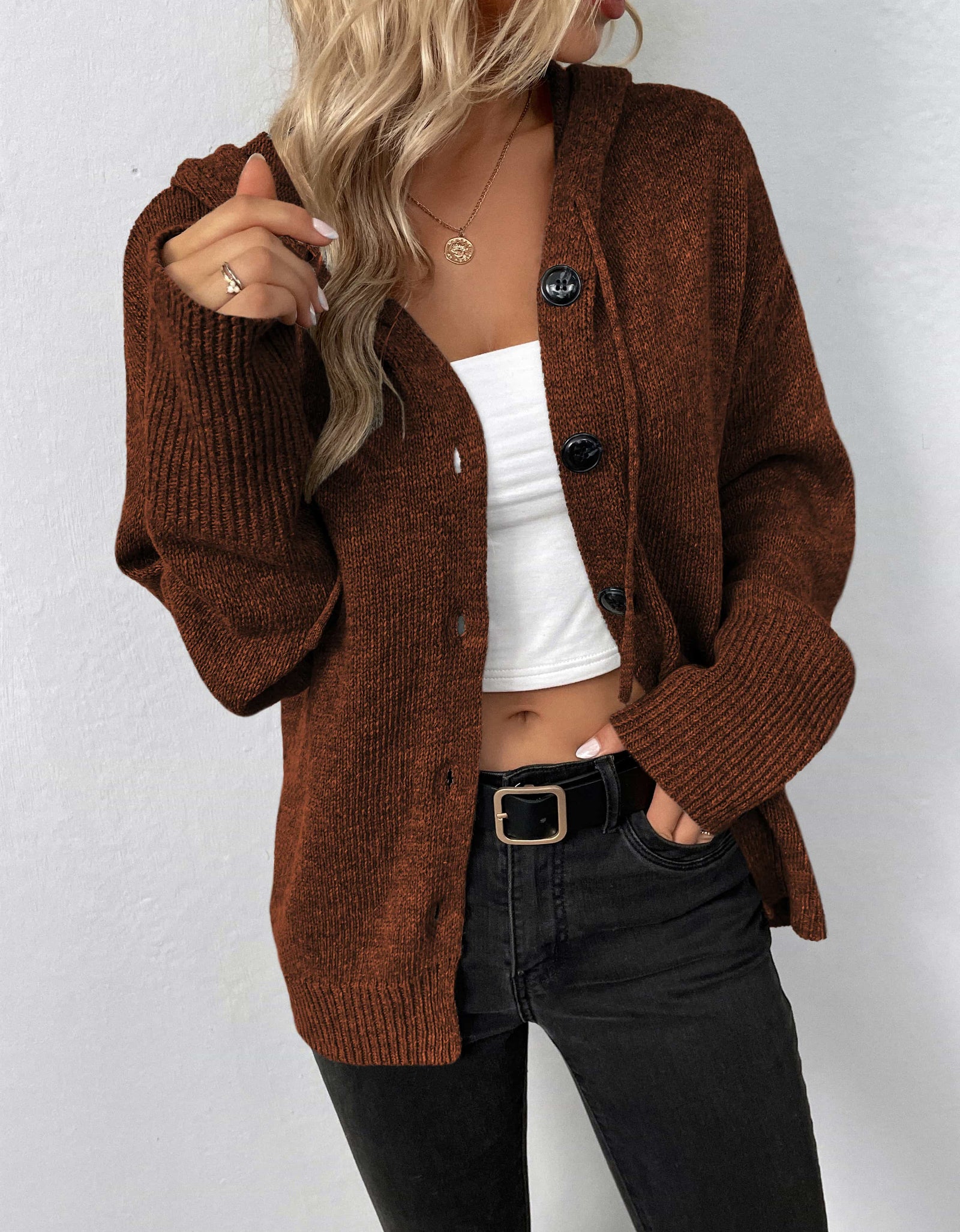 Button-Down Long Sleeve Hooded Sweater