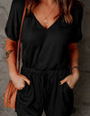 Full Size Drawstring V-Neck Short Sleeve Romper