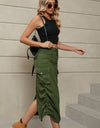 Drawstring Ruched Slit Denim Midi Skirt