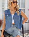 Pocketed Button Up Sleeveless Denim Jacket