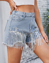 Distressed Pearl Trim Denim Shorts with Pockets
