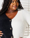 Woven Right Contrast Button-Front V-Neck Cardigan