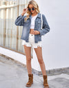 Pearl Trim Raw Hem Denim Jacket