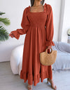 Smocked Square Neck Flounce Sleeve Dress