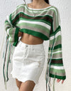Fringe Striped Round Neck Knit Top