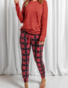 Round Neck Top and Drawstring Plaid Pants Lounge Set