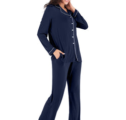 Collared Neck Long Sleeve Loungewear Set with Pockets