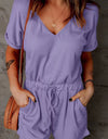 Full Size Drawstring V-Neck Short Sleeve Romper