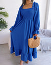 Smocked Square Neck Flounce Sleeve Dress