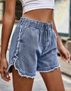 Elastic Waist Raw Hem Denim Shorts