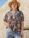 Plus Size Printed Notched Half Sleeve Blouse