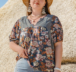 Plus Size Printed Notched Half Sleeve Blouse