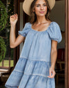 Square Neck Puff Sleeve Denim Dress