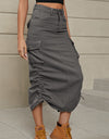 Drawstring Ruched Slit Denim Midi Skirt