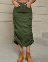 Drawstring Ruched Slit Denim Midi Skirt