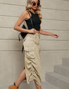 Drawstring Ruched Slit Denim Midi Skirt