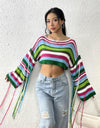 Fringe Striped Round Neck Knit Top