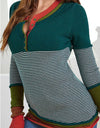 Striped Contrast Notched Long Sleeve Sweater