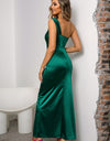 One-Shoulder Ruched Slit Maxi Dress