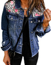 Mixed Print Distressed Button Front Denim Jacket