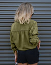 Drawstring Pocketed Button Up Denim Top