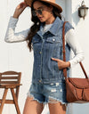 Collared Neck Sleeveless Denim Jacket