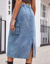 Slit Buttoned Denim Skirt with Pockets