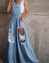 Distressed Wide Leg Denim Overalls