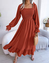 Smocked Square Neck Flounce Sleeve Dress