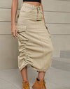 Drawstring Ruched Slit Denim Midi Skirt