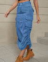 Drawstring Ruched Slit Denim Midi Skirt