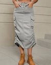 Drawstring Ruched Slit Denim Midi Skirt