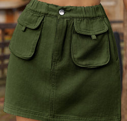 Pocketed Elastic Waist Denim Skirt