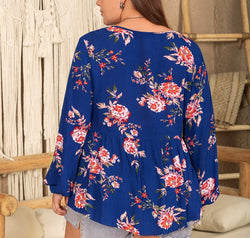 Plus Size Printed Tie Neck Balloon Sleeve Blouse