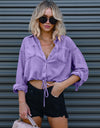 Drawstring Pocketed Button Up Denim Top