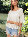Openwork Round Neck Half Sleeve Knit Top